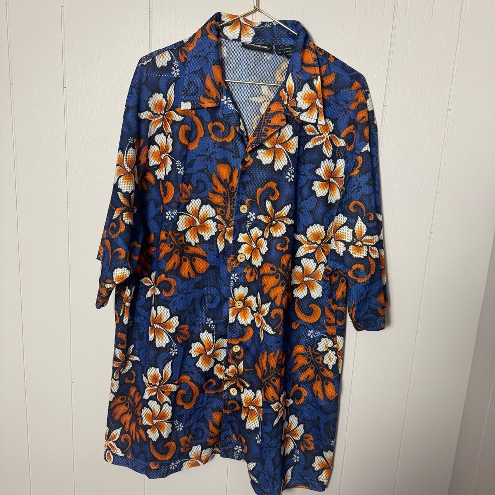 ODO Men's VINTAGE Hawaiian Style Button Down SHIRT Short Sleeve Blue Orange XL